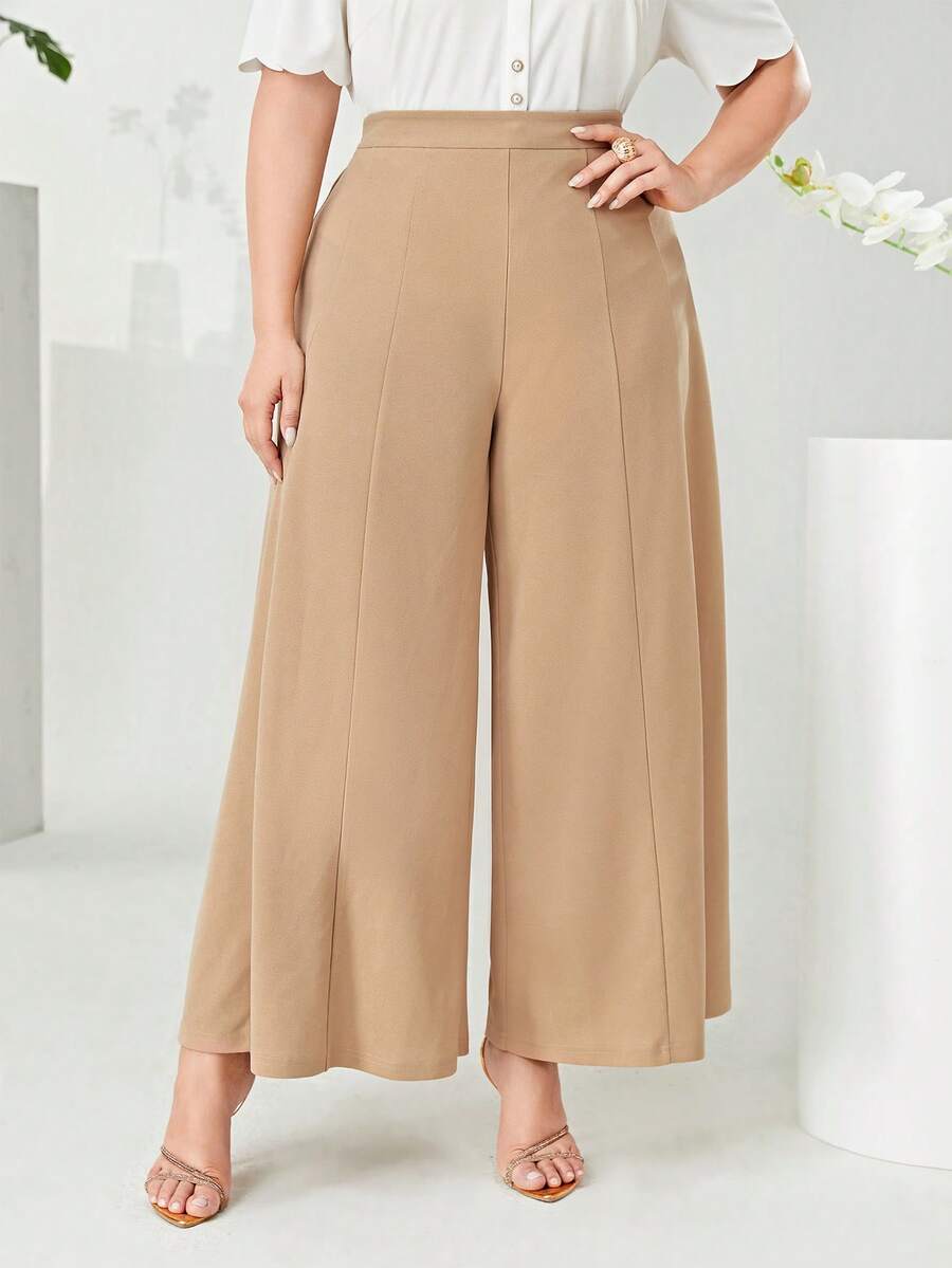 Modelyn 大碼素色闊腿褲 - 卡其色 - 查看 1