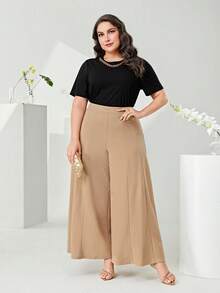 Modelyn 大碼素色闊腿褲 - 卡其色 - 查看 4