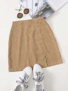 SHEIN Clasi Split Hem Zipper Back Skirt - Khaki - View 1