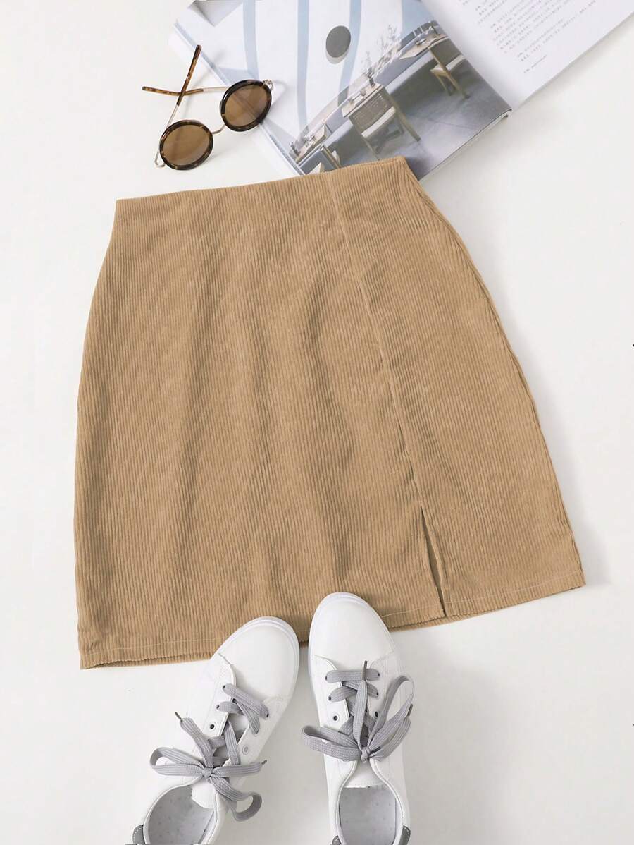 SHEIN Clasi Split Hem Zipper Back Skirt - Khaki - View 1