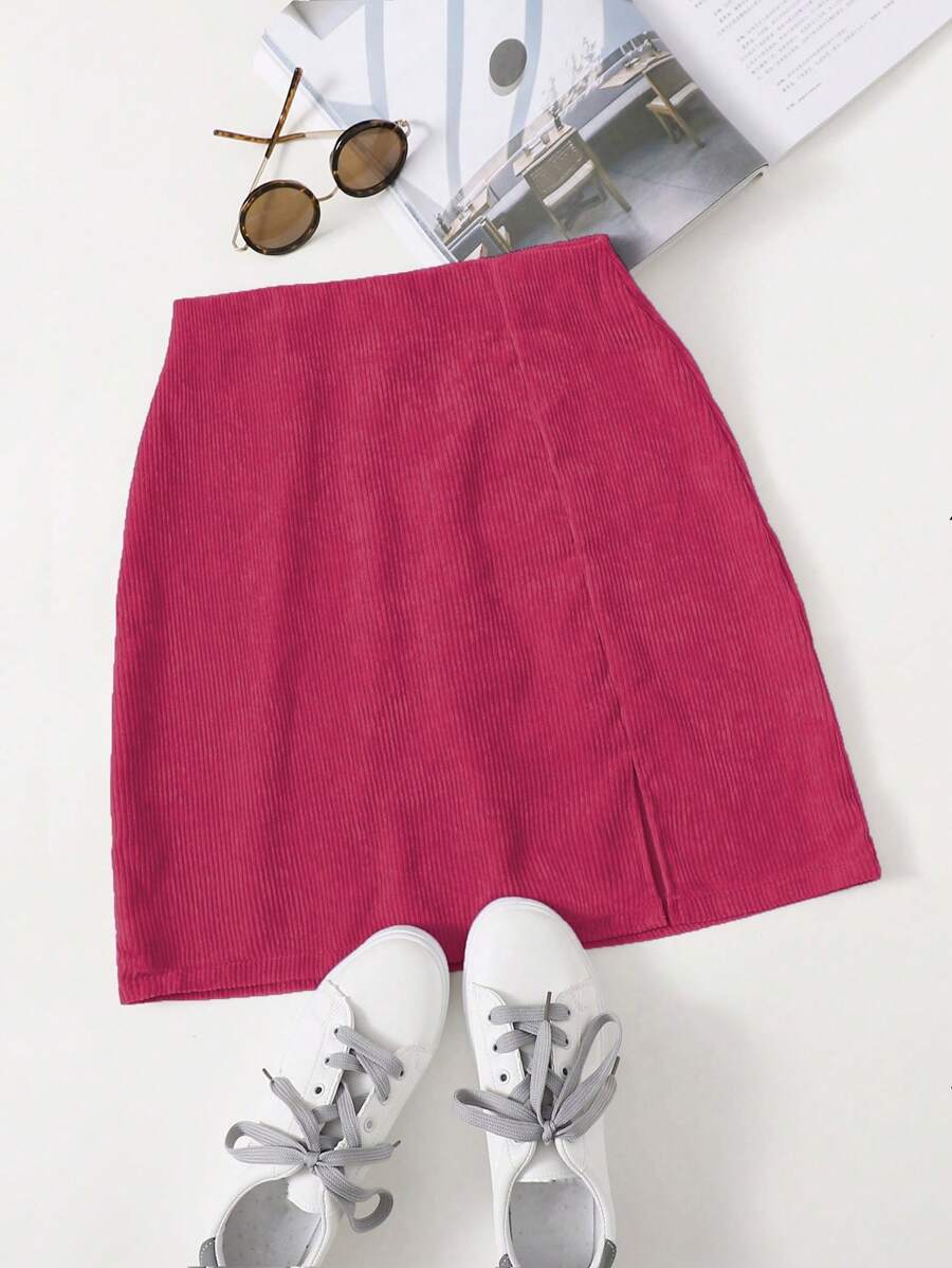 SHEIN LUNE Split Hem Zipper Back Skirt - Hot Pink - View 1