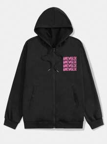 ROMWE MEN Street Life 男士標語和卡通圖形拉繩連帽衛衣 - 黑色 - 查看 2