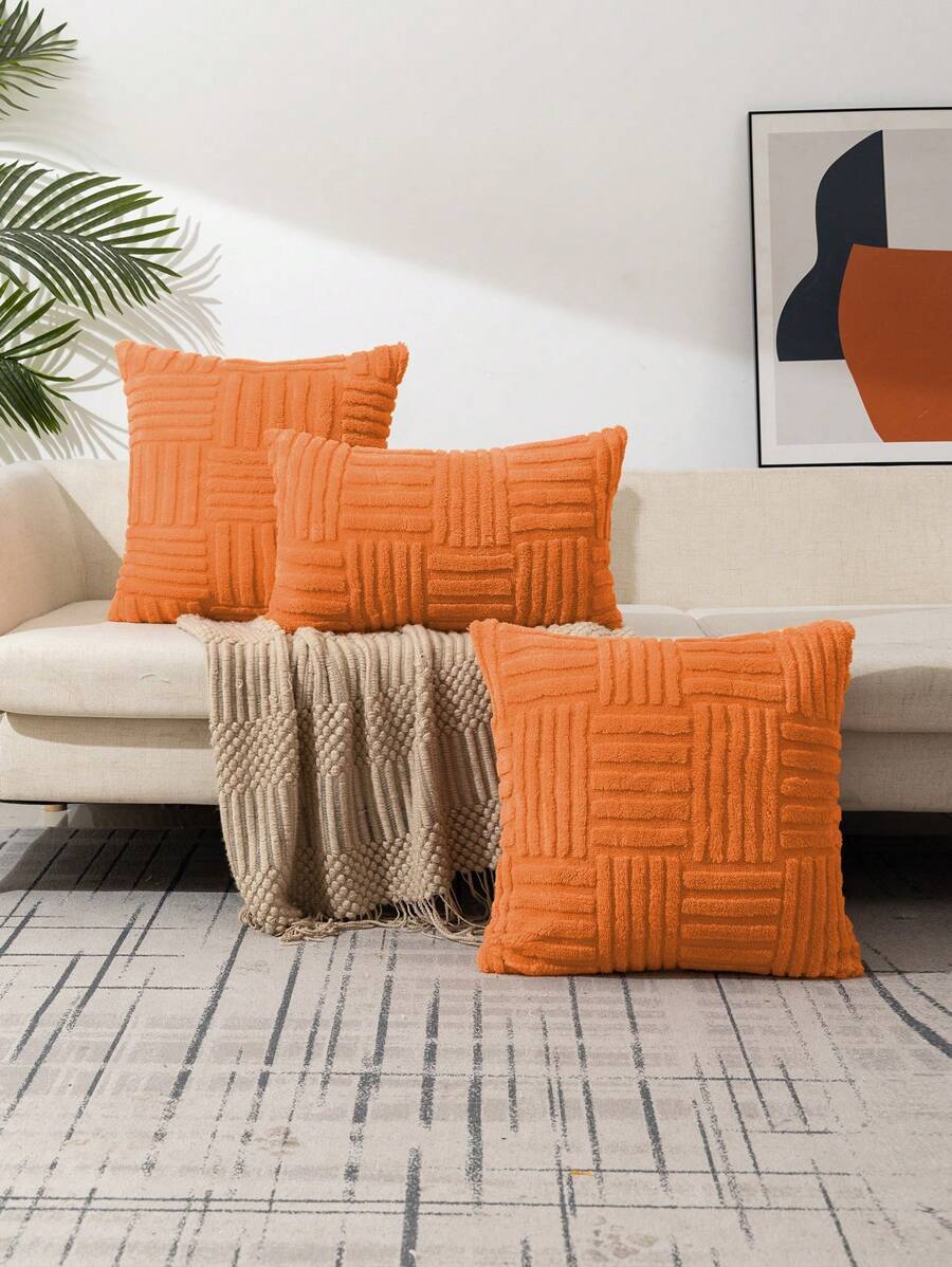 1pc Geometric Tufted Cushion Cover Without Filler, Minimalist Fabric Decorative Throw Pillow Cover For Home - Orange - View 1