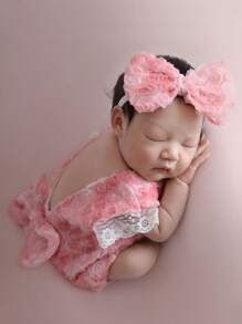 嬰兒攝影前蝴蝶結蕾絲邊連體衣和頭巾 - 粉色 - 查看 1