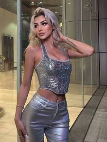 撞色滾邊亮片後背繫帶腰封掛脖上衣 - 銀色 - 查看 3