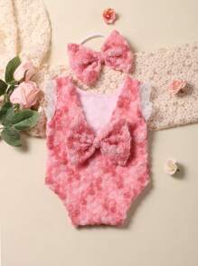 嬰兒攝影前蝴蝶結蕾絲邊連體衣和頭巾 - 粉色 - 查看 2