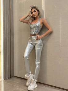 撞色滾邊亮片後背繫帶腰封掛脖上衣 - 銀色 - 查看 4