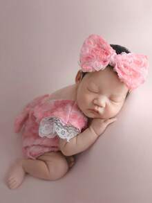 嬰兒攝影前蝴蝶結蕾絲邊連體衣和頭巾 - 粉色 - 查看 3