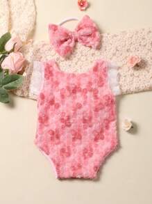 嬰兒攝影前蝴蝶結蕾絲邊連體衣和頭巾 - 粉色 - 查看 7