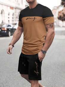 Manfinity Homme Hombres con estampado de letra de dos tonos Camiseta & de cintura con cordón Shorts - Multicolor - Ver 1