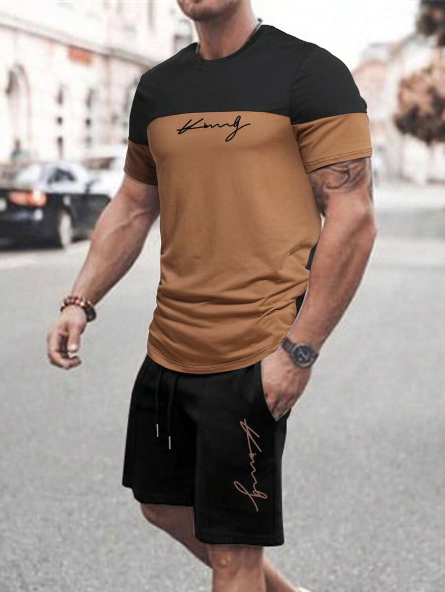 Manfinity Homme Hombres con estampado de letra de dos tonos Camiseta & de cintura con cordón Shorts - Multicolor - Ver 1