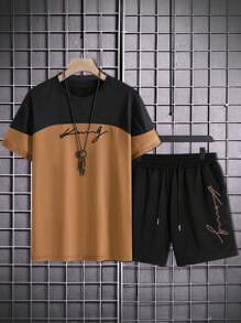 Manfinity Homme Hombres con estampado de letra de dos tonos Camiseta & de cintura con cordón Shorts - Multicolor - Ver 3