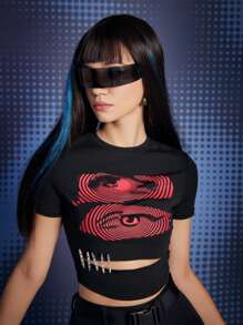 ROMWE Grunge Punk Eye Graphic Cut Out Crop Tee - Black - View 4