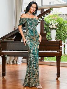 Missord Off Shoulder Split Thigh Sequin Formal Dress - Green - View 5