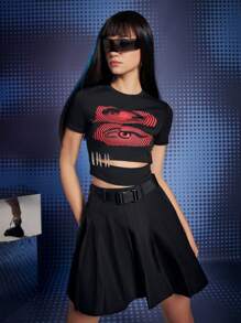 ROMWE Grunge Punk Eye Graphic Cut Out Crop Tee - Black - View 5