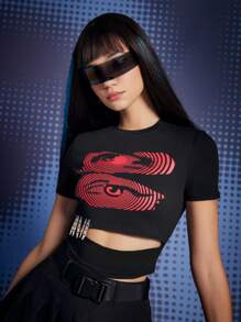 ROMWE Grunge Punk Eye Graphic Cut Out Crop Tee - Black - View 6