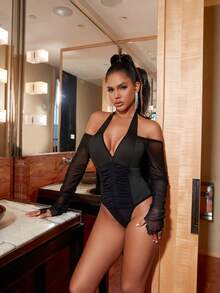 Rave Deep V Neck Zipper Front Contrast Mesh Halter Neck Backless Ruched Bodysuit - Black - View 5