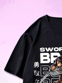 ROMWE MEN Anime Hombres Camiseta con letra con estampado de figura - Negro - Ver 4