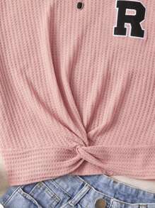 1入組字母貼布扭結下擺T恤 - 藕粉色 - 查看 6