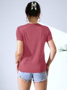 SHEIN LUNE Đồ họa nhiệt đới và khẩu hiệu Áo thun - Gỗ đỏ - Xem 2
