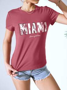SHEIN LUNE Đồ họa nhiệt đới và khẩu hiệu Áo thun - Gỗ đỏ - Xem 4