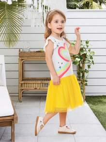 Petite fille Robe à imprimé cœur à volants à maille - Multicolore - Voir 6