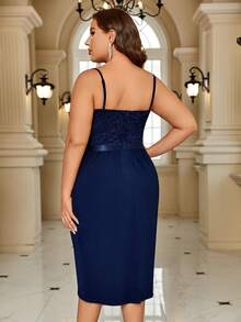 优雅细肩带花卉蕾丝撞色裹身褶饰下摆半正式派对紧身连衣裙 - 藏蓝色 - 查看 2