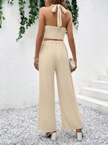 SHEIN Clasi Solid Crop Halter Top & Wide Leg Pants - Apricot - View 2