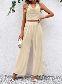 SHEIN Clasi Solid Crop Halter Top & Wide Leg Pants - Apricot - View 4