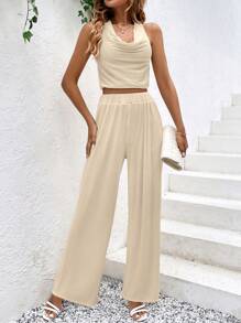 SHEIN Clasi Solid Crop Halter Top & Wide Leg Pants - Apricot - View 5