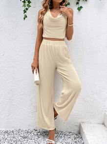 SHEIN Clasi Solid Crop Halter Top & Wide Leg Pants - Apricot - View 6
