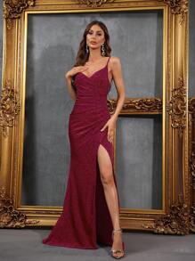 Faeriesty 高衩金屬亮絲吊帶連衣裙 - 玫紅色 - 查看 1