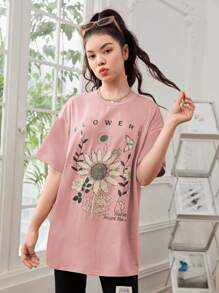 SHEIN Tiener meisje Zonnebloem & Grafische sloganprint Oversized Oversized T-shirt