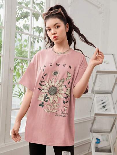 SHEIN Leap Crew 青少年女孩向日葵和標語圖案落肩袖超大號T恤