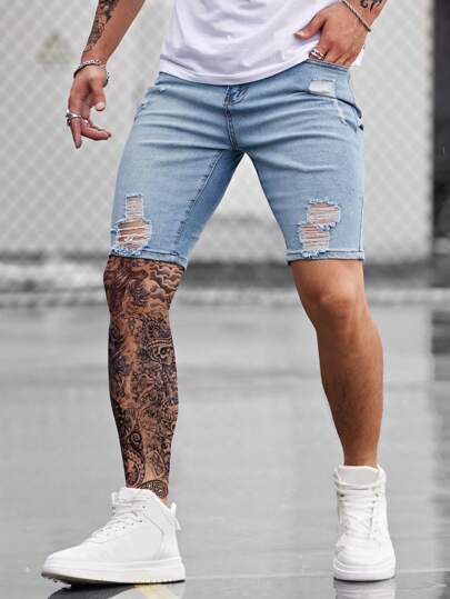 Manfinity LEGND Män Rippade Frayed Bermuda Jeansshorts Enfärgade jeansshorts Jorts Vacation Ljusblå jeansshorts, för make, pojkvänspresenter