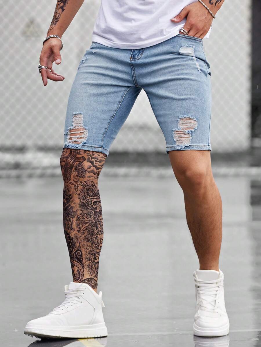 Manfinity LEGND 男士破洞磨边百慕大牛仔短裤纯色牛仔短裤度假浅蓝色牛仔短裤，适合送给老公、男朋友的礼物 - 淺色水洗藍 - 查看 1