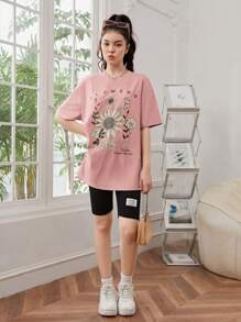 SHEIN Tiener meisje Zonnebloem & Grafische sloganprint Oversized Oversized T-shirt
