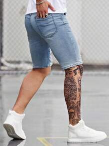 Manfinity LEGND 男士破洞磨边百慕大牛仔短裤纯色牛仔短裤度假浅蓝色牛仔短裤，适合送给老公、男朋友的礼物 - 淺色水洗藍 - 查看 3