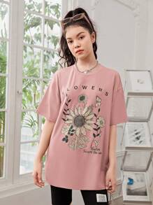 SHEIN Tiener meisje Zonnebloem & Grafische sloganprint Oversized Oversized T-shirt