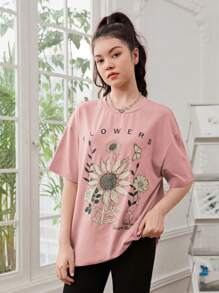SHEIN Tiener meisje Zonnebloem & Grafische sloganprint Oversized Oversized T-shirt