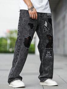 GALLERY FADE 男士字母圖案破洞直筒牛仔褲 - 深灰色 - 查看 3