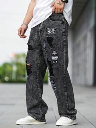 GALLERY FADE Men Letter Graphic Ripped Straight Leg Jeans