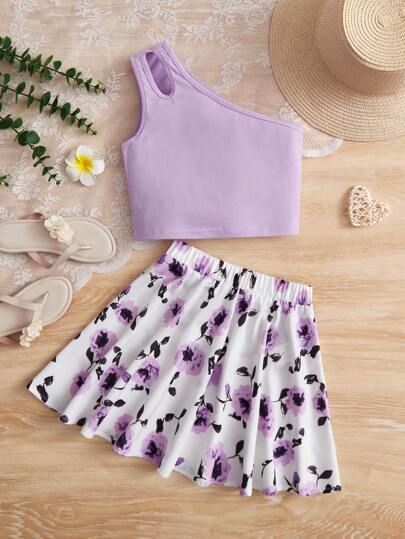 SHEIN 女大童單肩鏤空上衣和印花半身裙