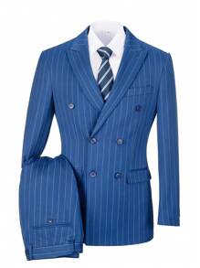 Men 3pcs Striped Double Breasted Suit Set Without Shirt - Royal Blue - View 1