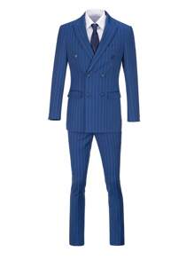 Men 3pcs Striped Double Breasted Suit Set Without Shirt - Royal Blue - View 5