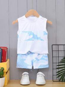 Baby Boy Camo Print Tank Top & Shorts - Blue and White - View 1