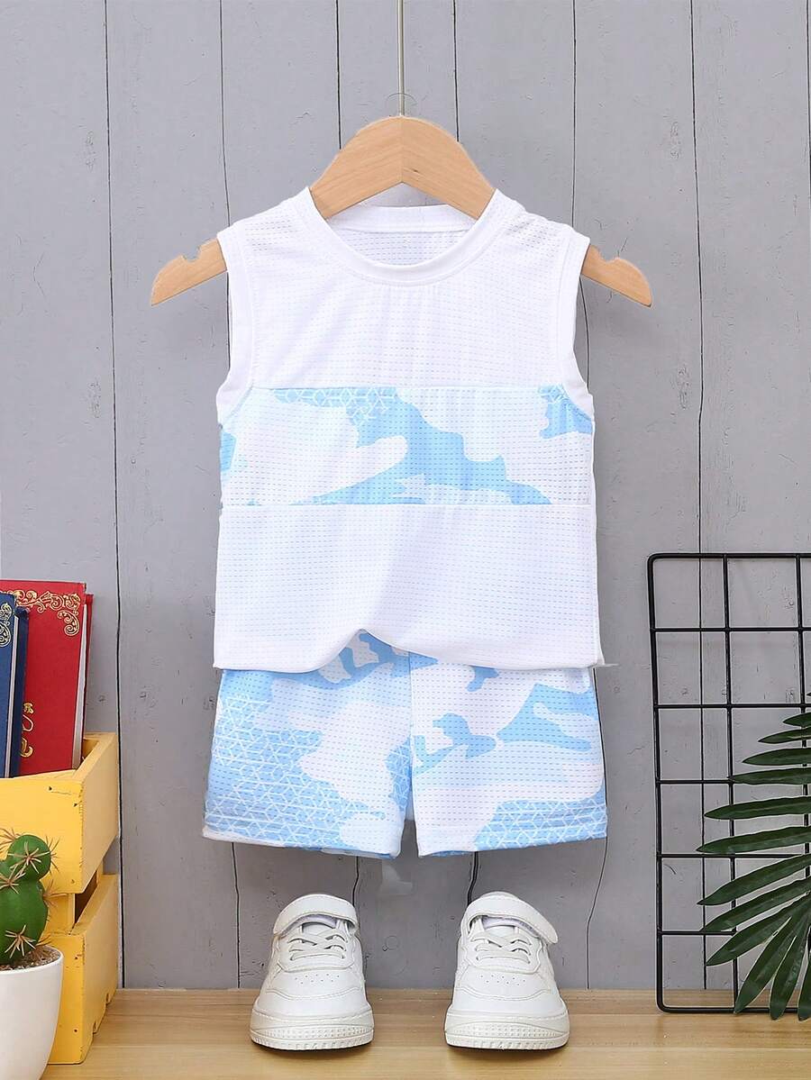 Baby Boy Camo Print Tank Top & Shorts - Blue and White - View 1