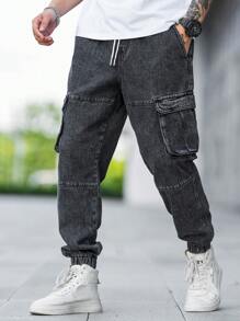 Aesthetic Post 男士翻蓋口袋腰部抽繩工裝牛仔褲 - 深灰色 - 查看 6