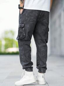 Aesthetic Post 男士翻蓋口袋腰部抽繩工裝牛仔褲 - 深灰色 - 查看 2