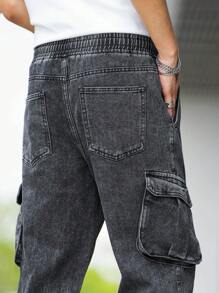 Aesthetic Post 男士翻蓋口袋腰部抽繩工裝牛仔褲 - 深灰色 - 查看 7